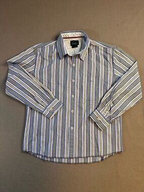 Mini Boden Boys Striped Cotton Button-Down in Blue, White & Yellow